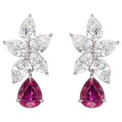 3.08 Carat Pear Shape Ruby and Diamond Cluster Earrings in 18K White Gold