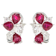 3.89 Carat Pear Shape Ruby and Diamond Cluster Earrings in 18K White Gold