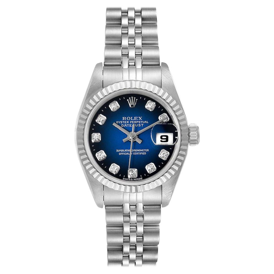 Rolex Datejust Steel White Gold Blue Vignette Diamond Ladies Watch 69174 For Sale