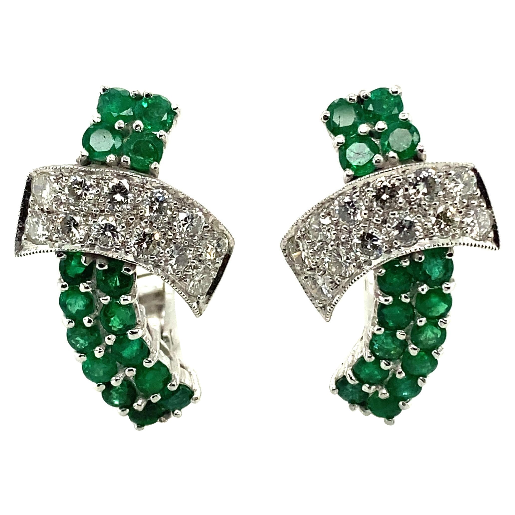 Emerald and Diamond Earclips in 18 Karat White Gold
