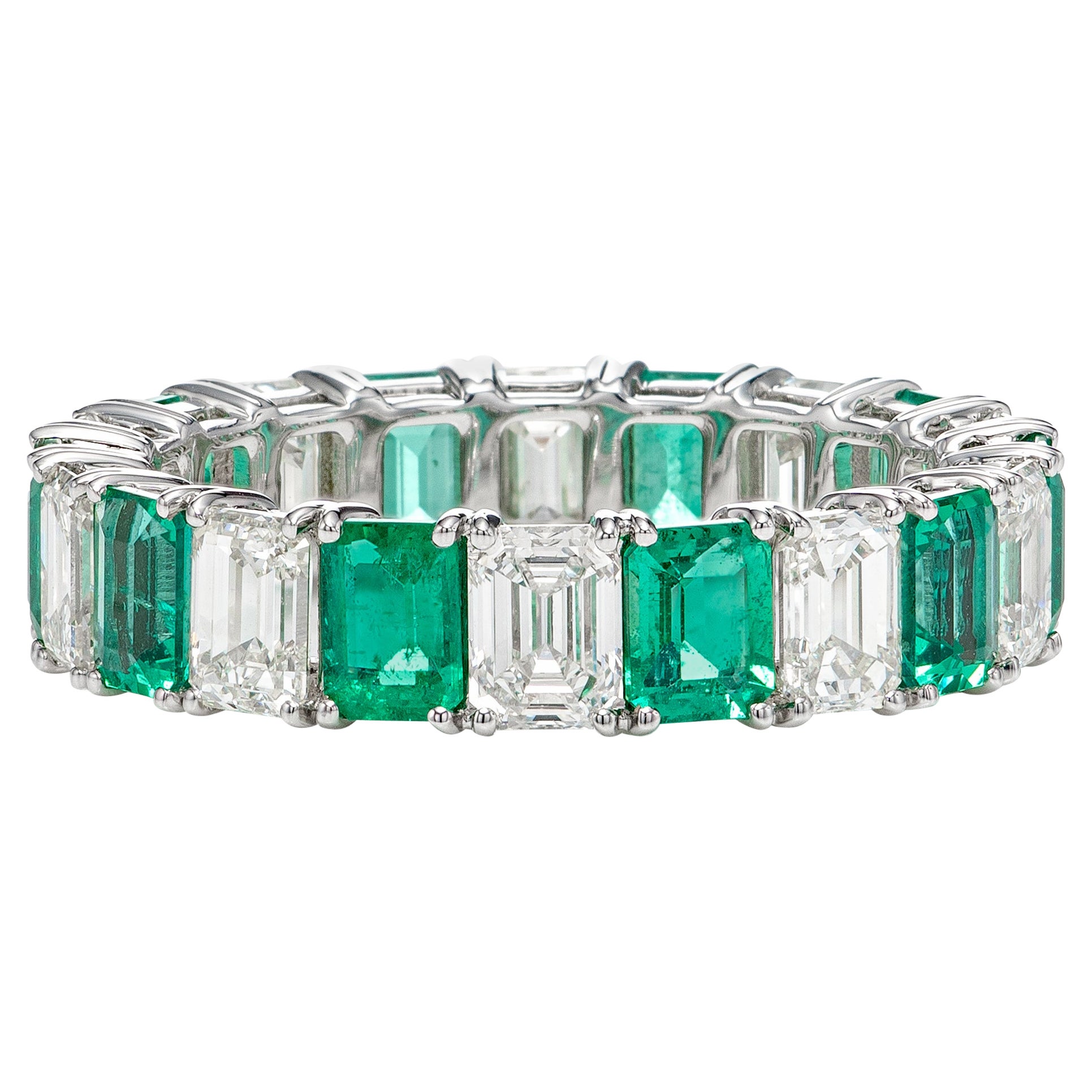 4.23 Carat Zambian Emerald and White Emerald Shape Diamond Eternity Band For Sale
