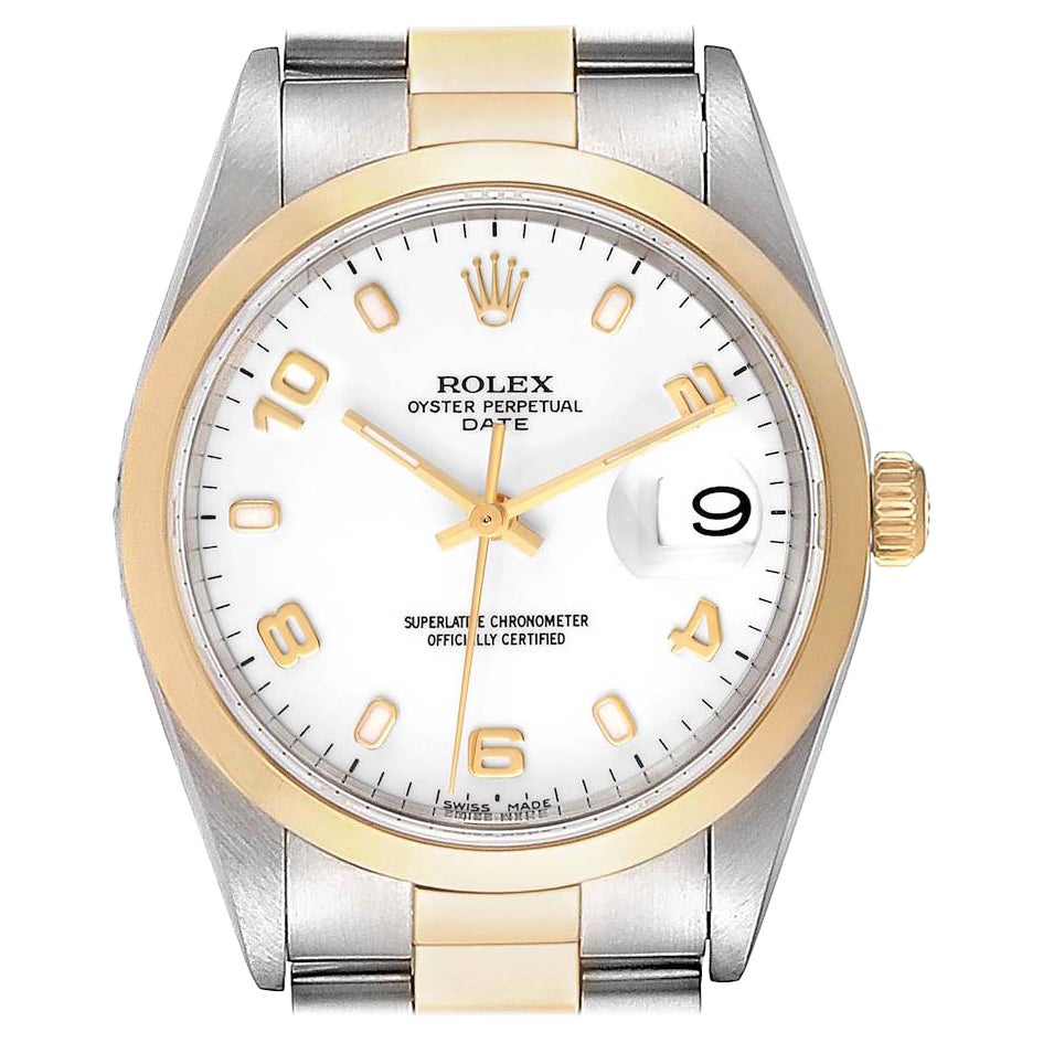 Rolex Date Steel Yellow Gold White Dial Mens Watch 15203 Box Papers en vente