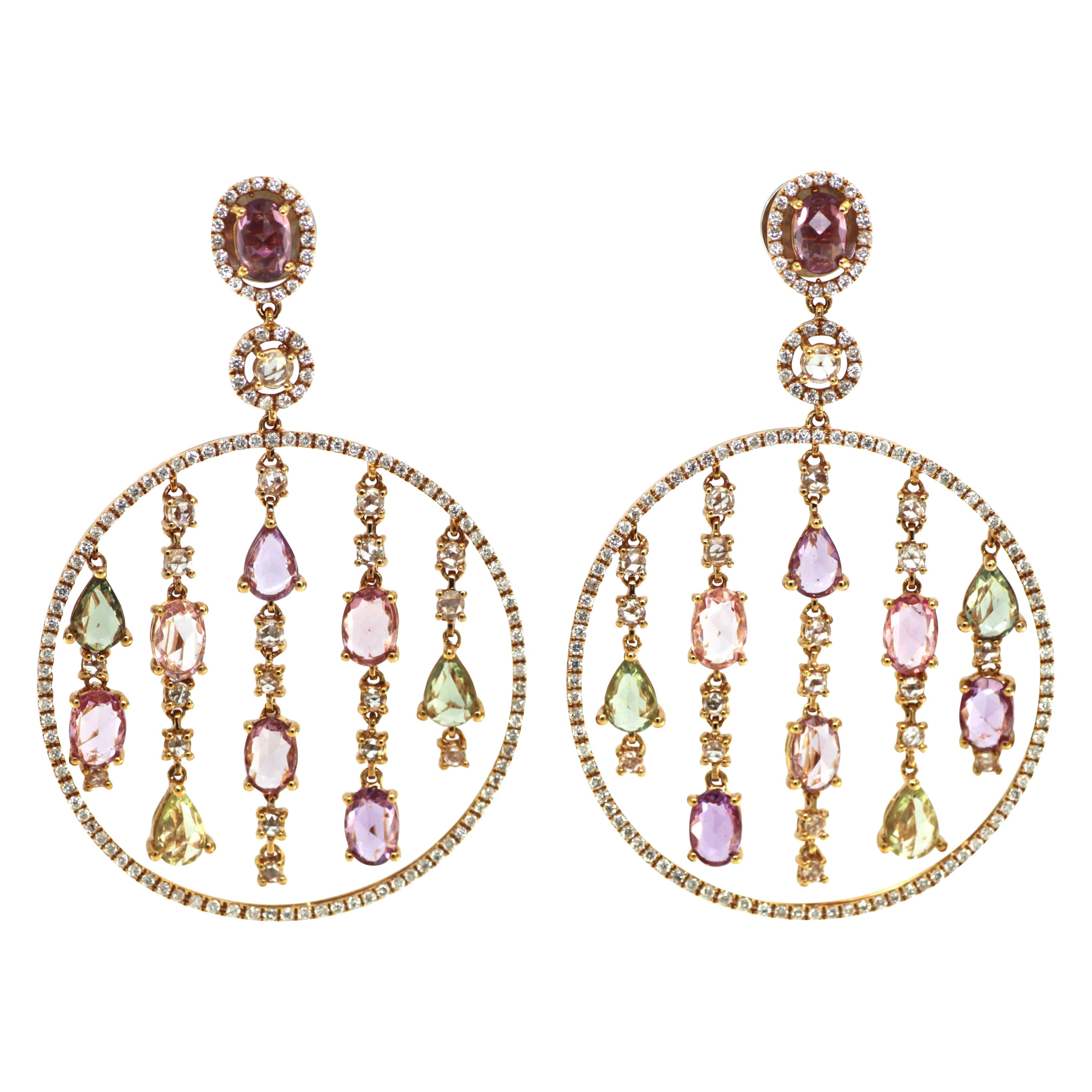 Fancy Sapphire Diamonds Chandelier Earrings in 18 Karat Rose Gold