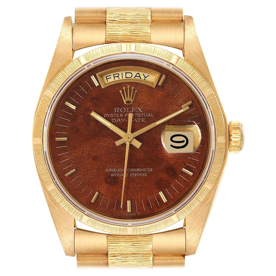 Rolex President Day-Date Yellow Gold Burl Wood Dial Mens Watch 18038 For Sale