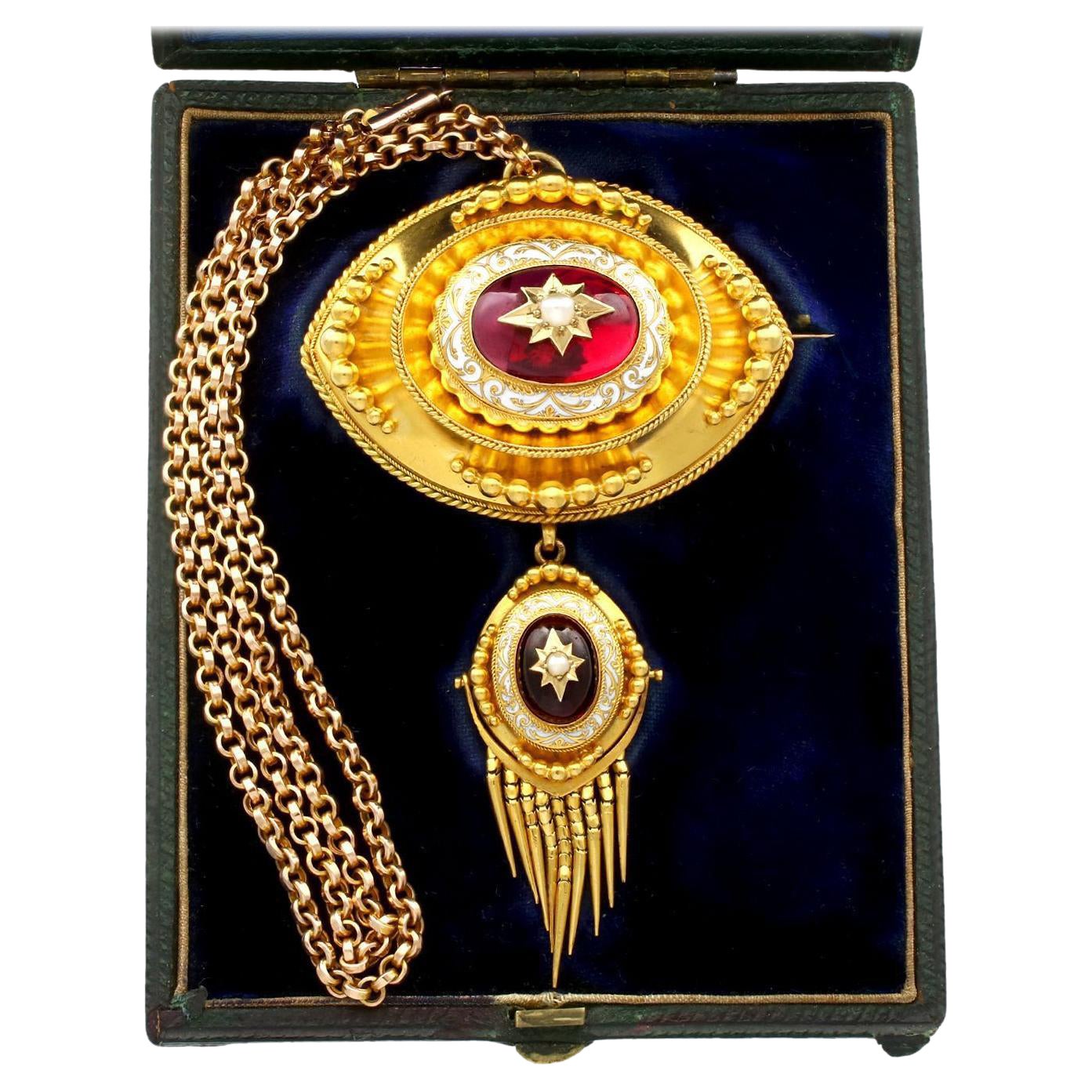 Antique 6.20 Carat Garnet Pearl and Enamel Yellow Gold Pendant / Brooch For Sale