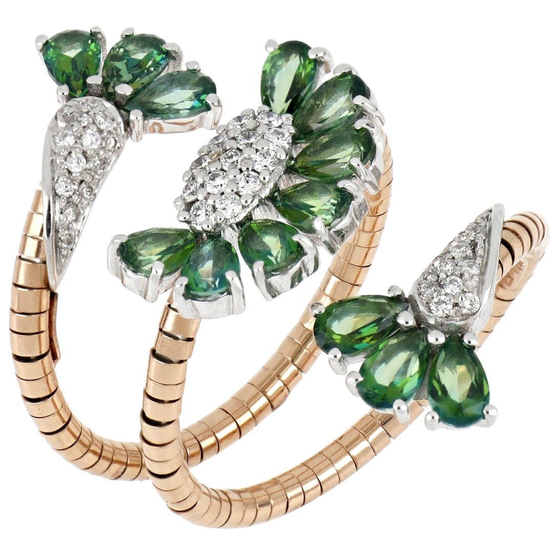 18kt Weiß- und Roségold Flex-Ring mit Blumen mit grünen Topasen und Diamanten