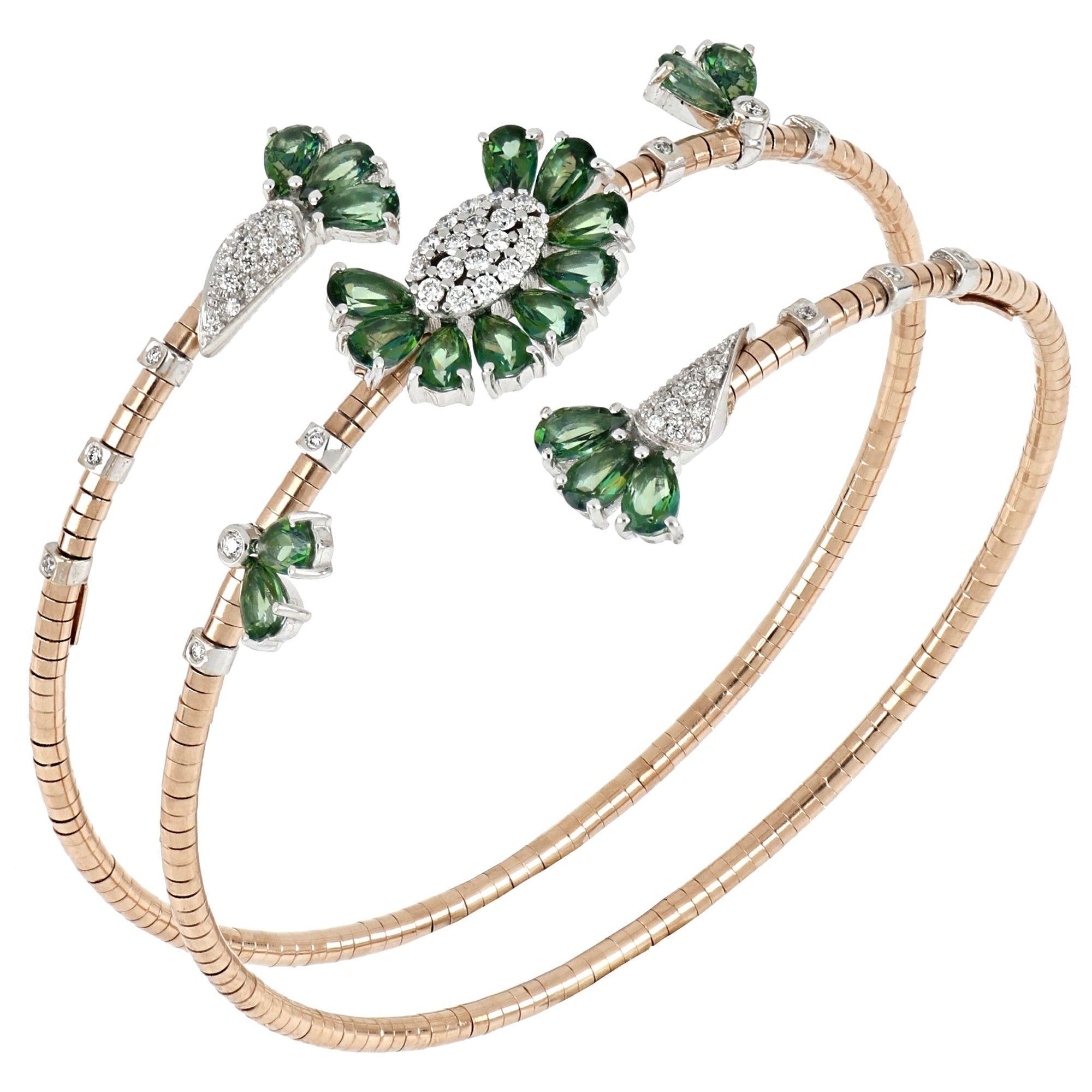 18kt Rose and White Gold Flex Bracelet Flowers with Green Topazes and Diamonds For Sale