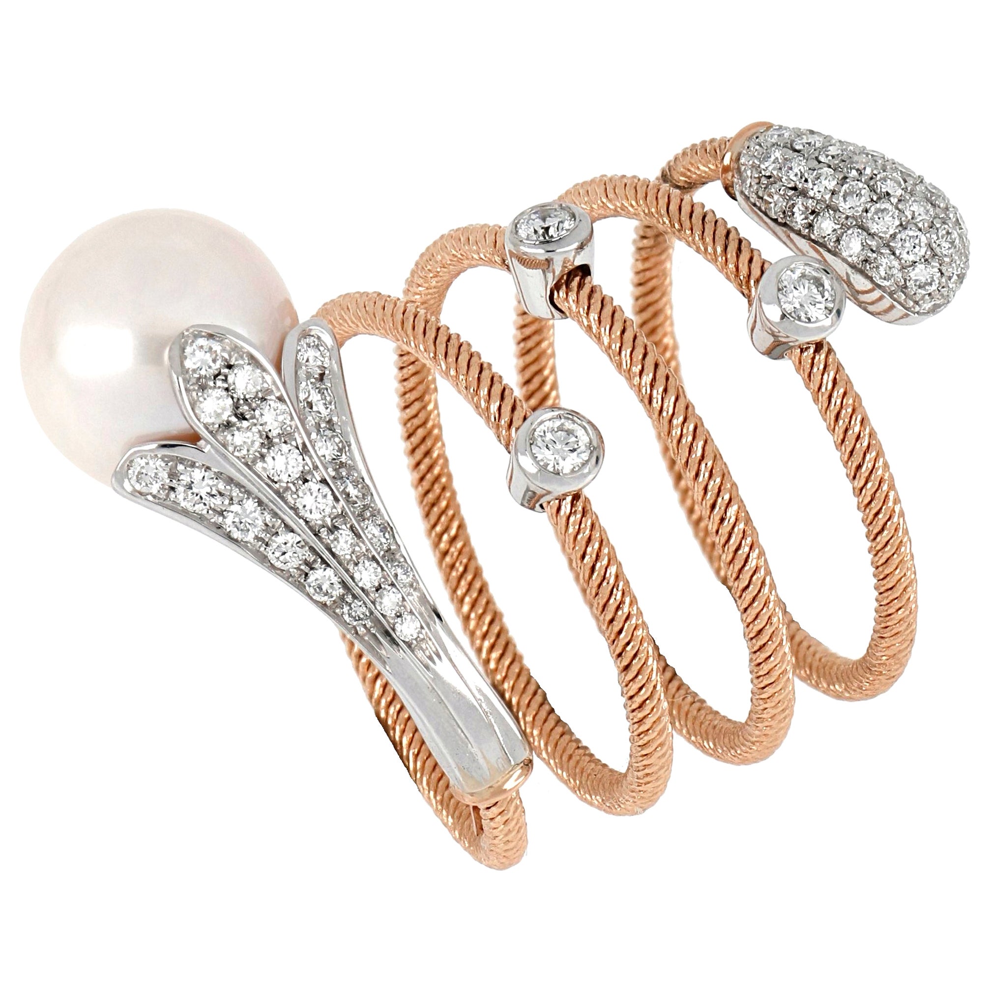 18kt Rose and White Gold Flex Ring with Pearl and Diamonds