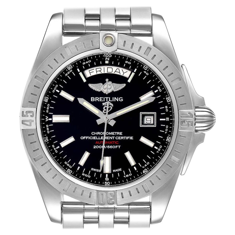 Breitling Galactic 44 Day-Date Steel Black Dial Watch A45320 Box Papers