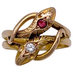 Antique Victorian 1880 Doubleheaded Snake Ring Ruby Diamond Yellow Gold