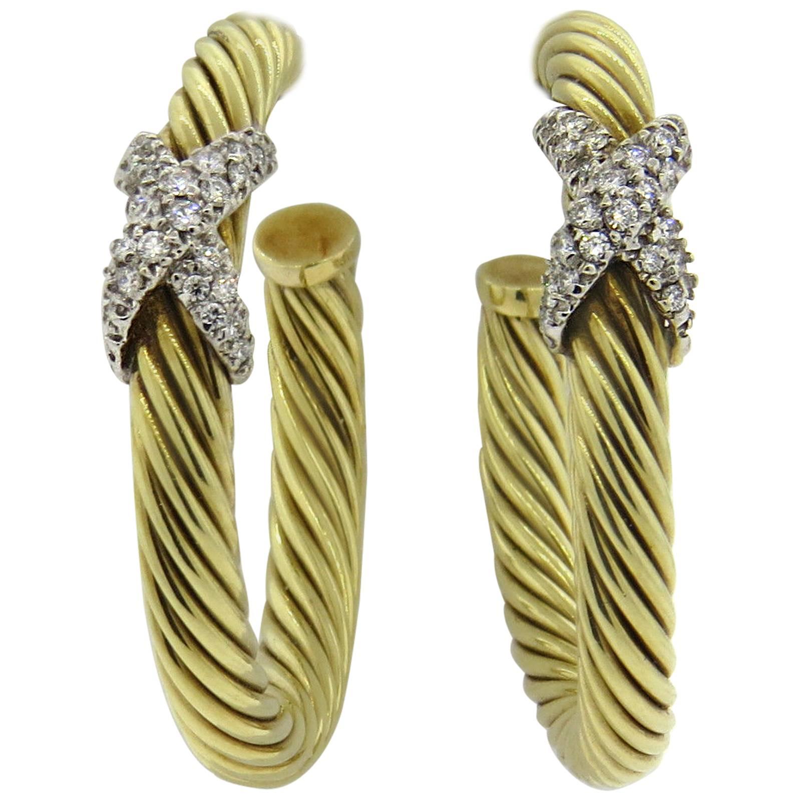 David Yurman Large Diamond Gold Cable Hoop Earrings