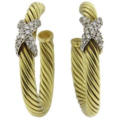 David Yurman Large Diamond Gold Cable Hoop Earrings