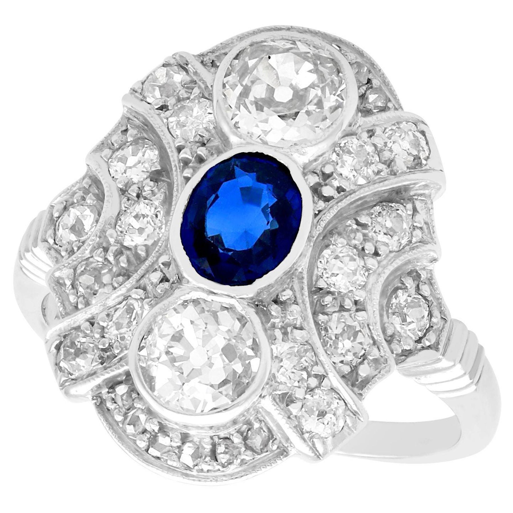Antique Sapphire and 1.64 Carat Diamond White Gold Cocktail Ring, circa 1935 For Sale