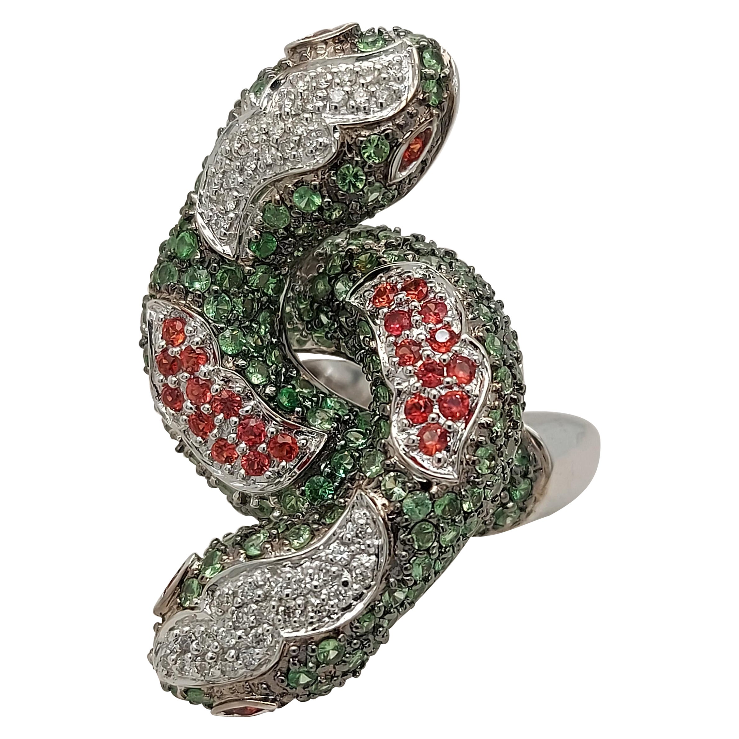 Gorgeous 18kt White Gold Double Snake Ring Set with Diamonds & Precious Stones For Sale