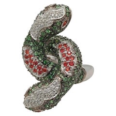 Gorgeous 18kt White Gold Double Snake Ring Set with Diamonds & Precious Stones