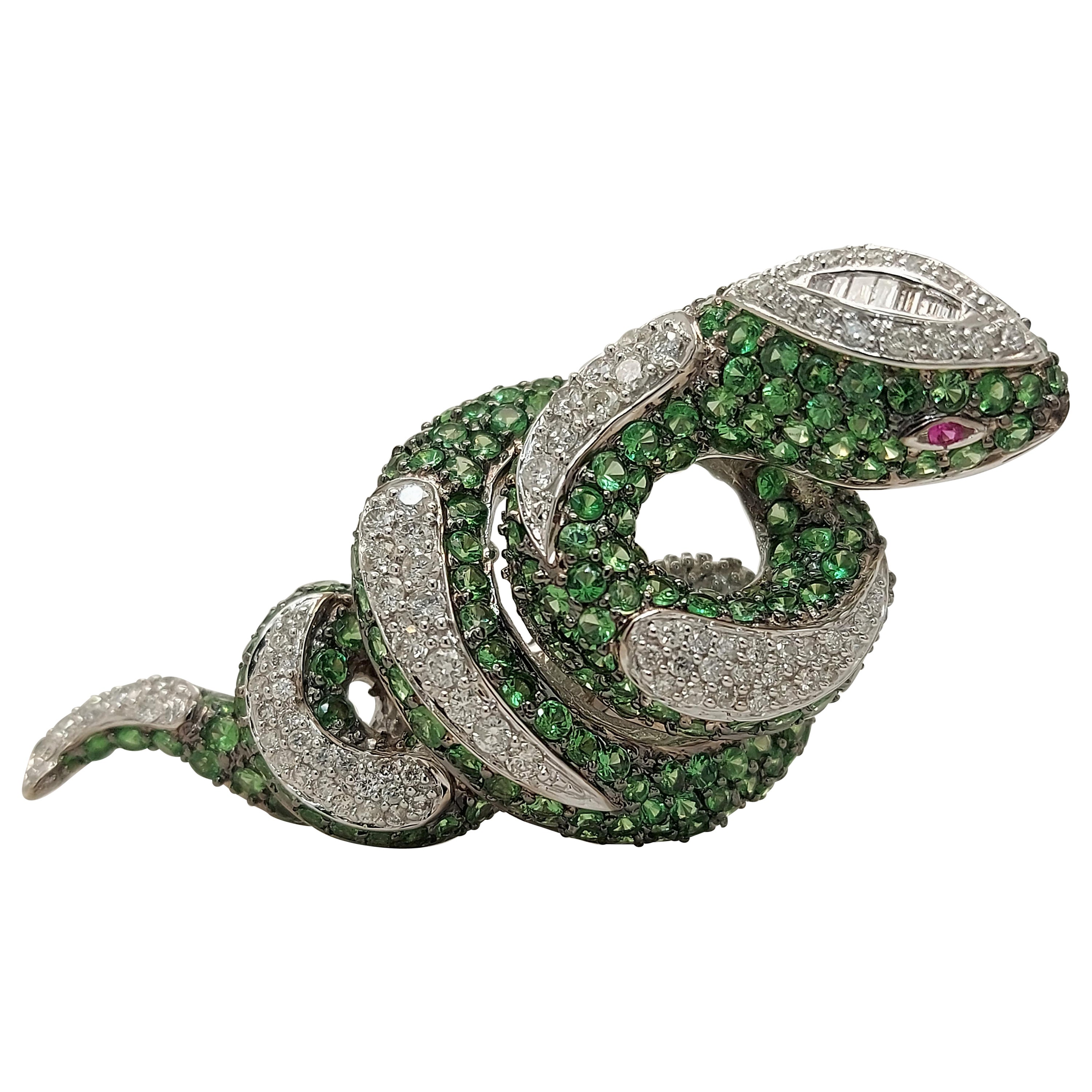 Fabulous Twirl Snake Ring in 18kt White Gold Set with Diamonds, Tsavorite, Ruby For Sale