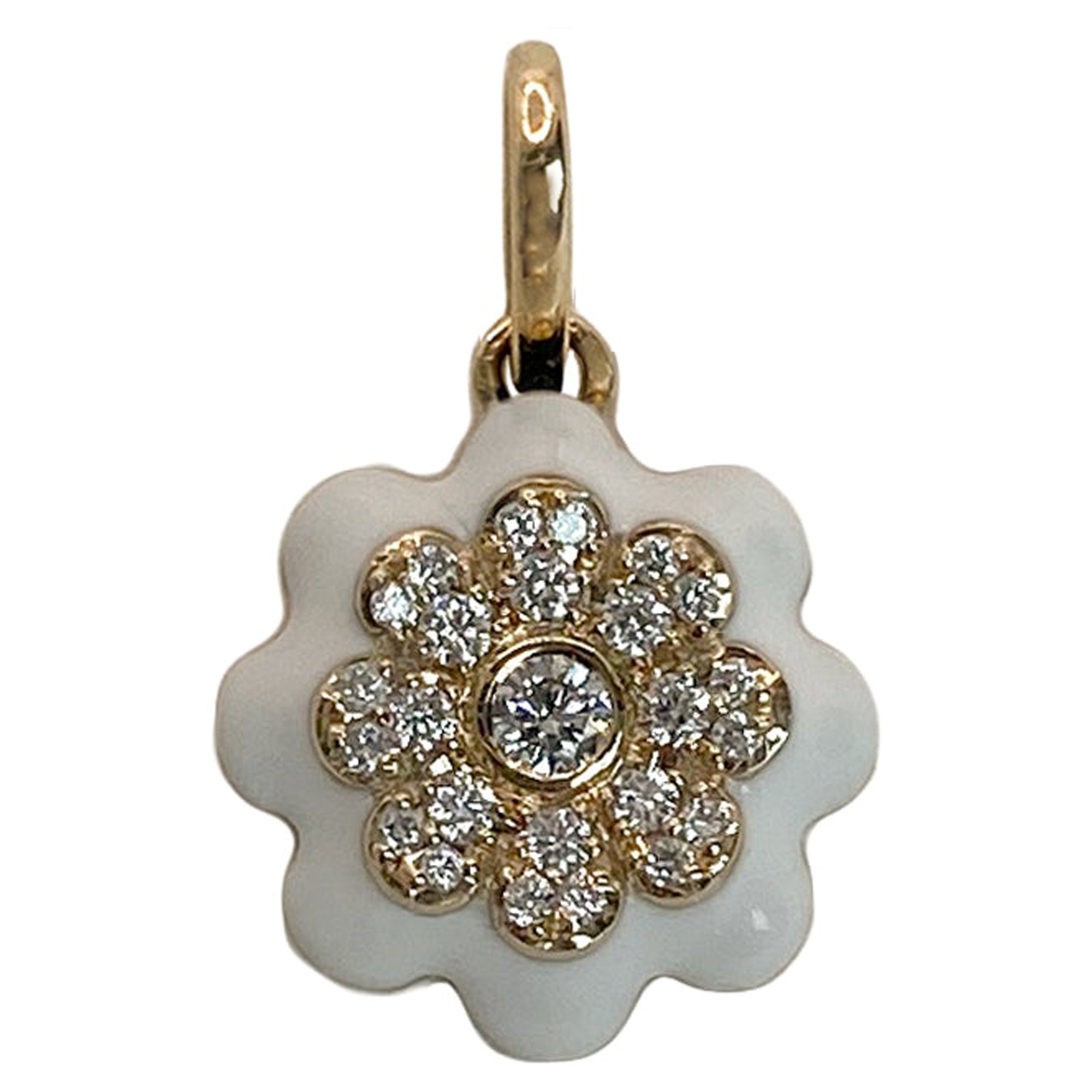 Memento Diamond and White Enamel Flower Charm Pendant For Sale