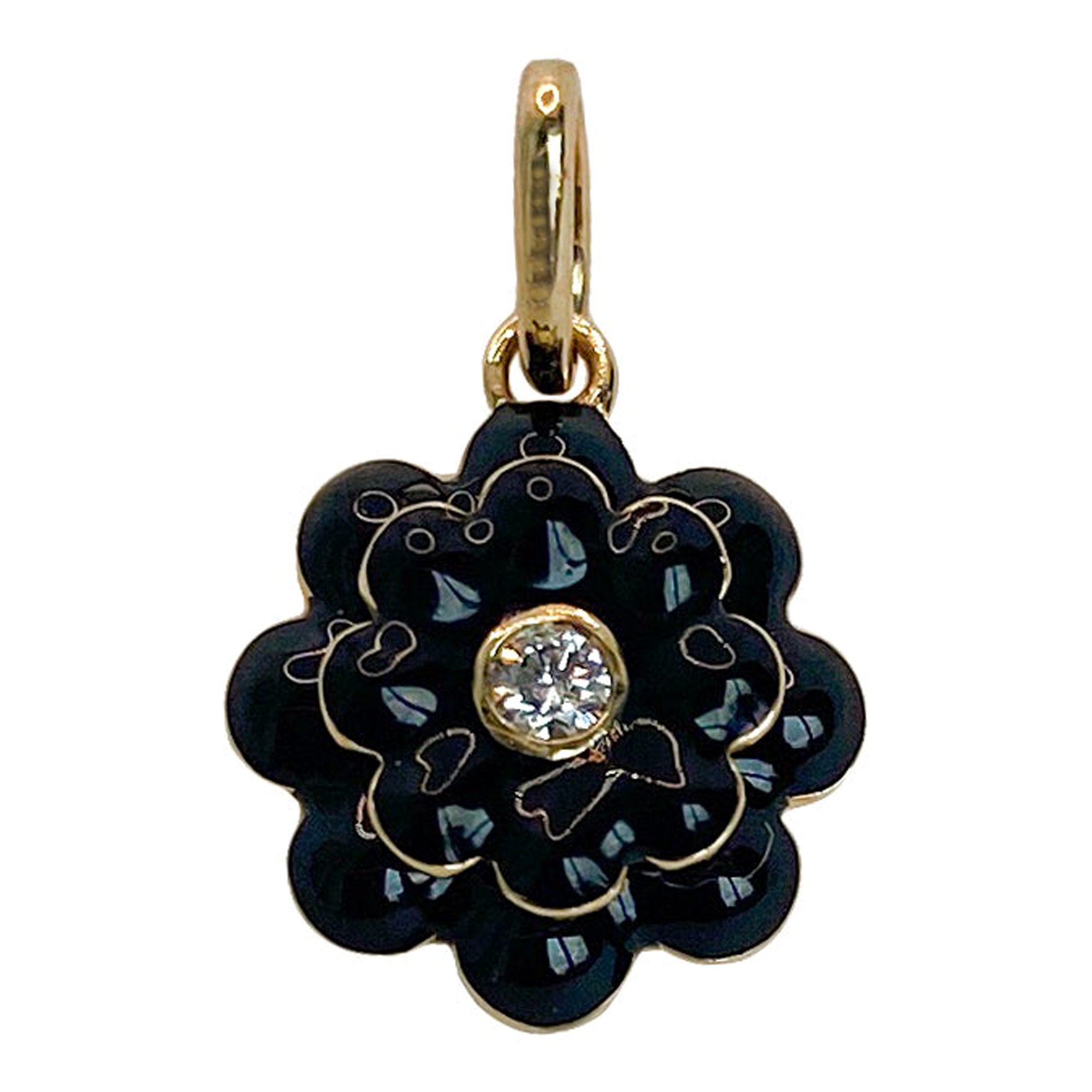 Memento Single Diamond and Black Enamel Flower Charm Pendant For Sale