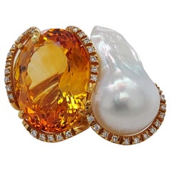 Original 18kt Yellow Gold Ring with Pearl and 24ct Citrine Stone