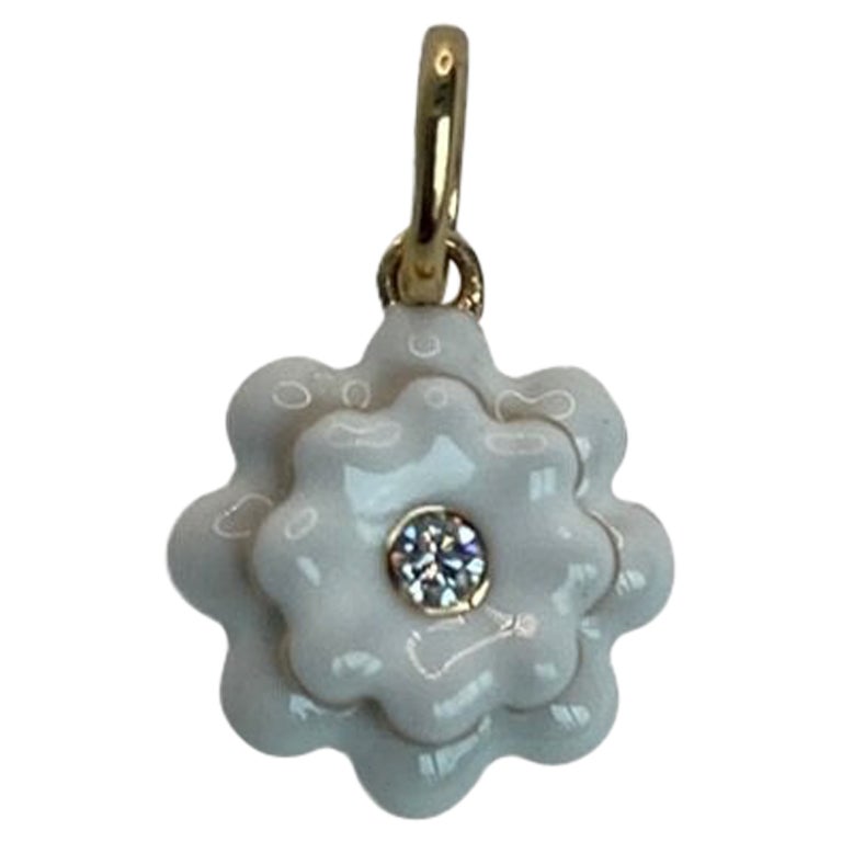 Memento Single Diamond and White Enamel Flower Charm Pendant For Sale