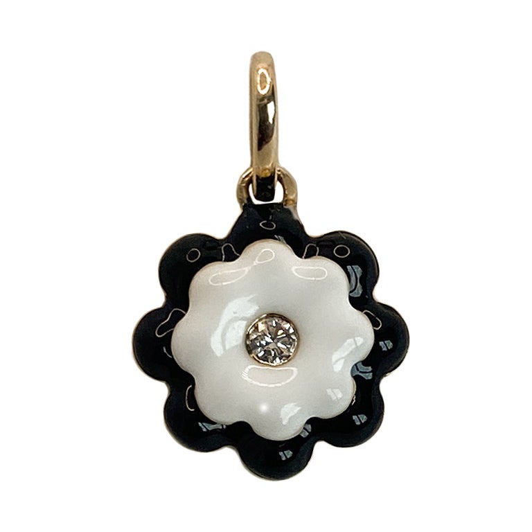 Memento Single Diamond and Black and White Enamel Flower Charm Pendant For Sale