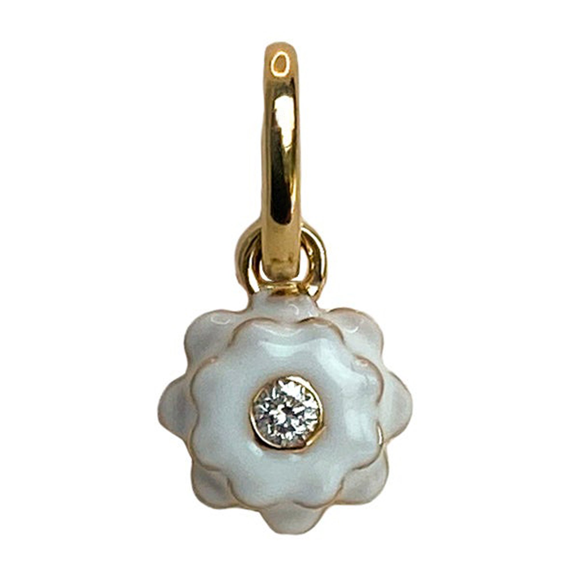 Memento Single Diamond and White Enamel Flower Charm Pendant MINI For Sale