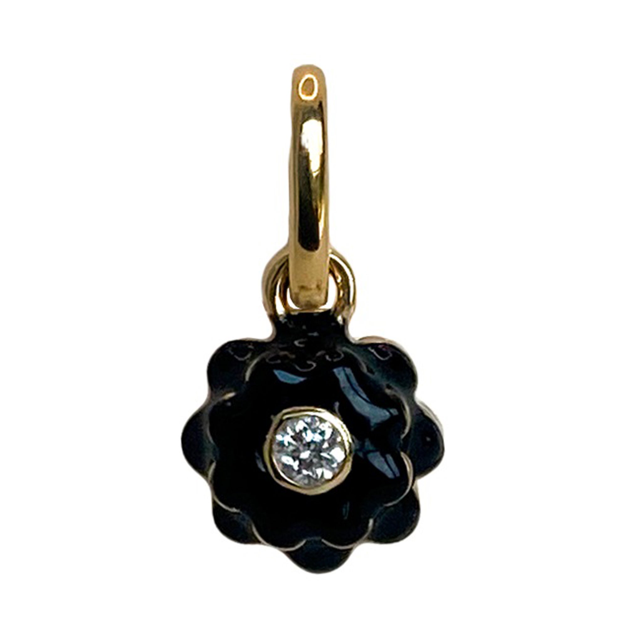 Memento Single Diamond and Black Enamel Flower Charm Pendant Mini For Sale