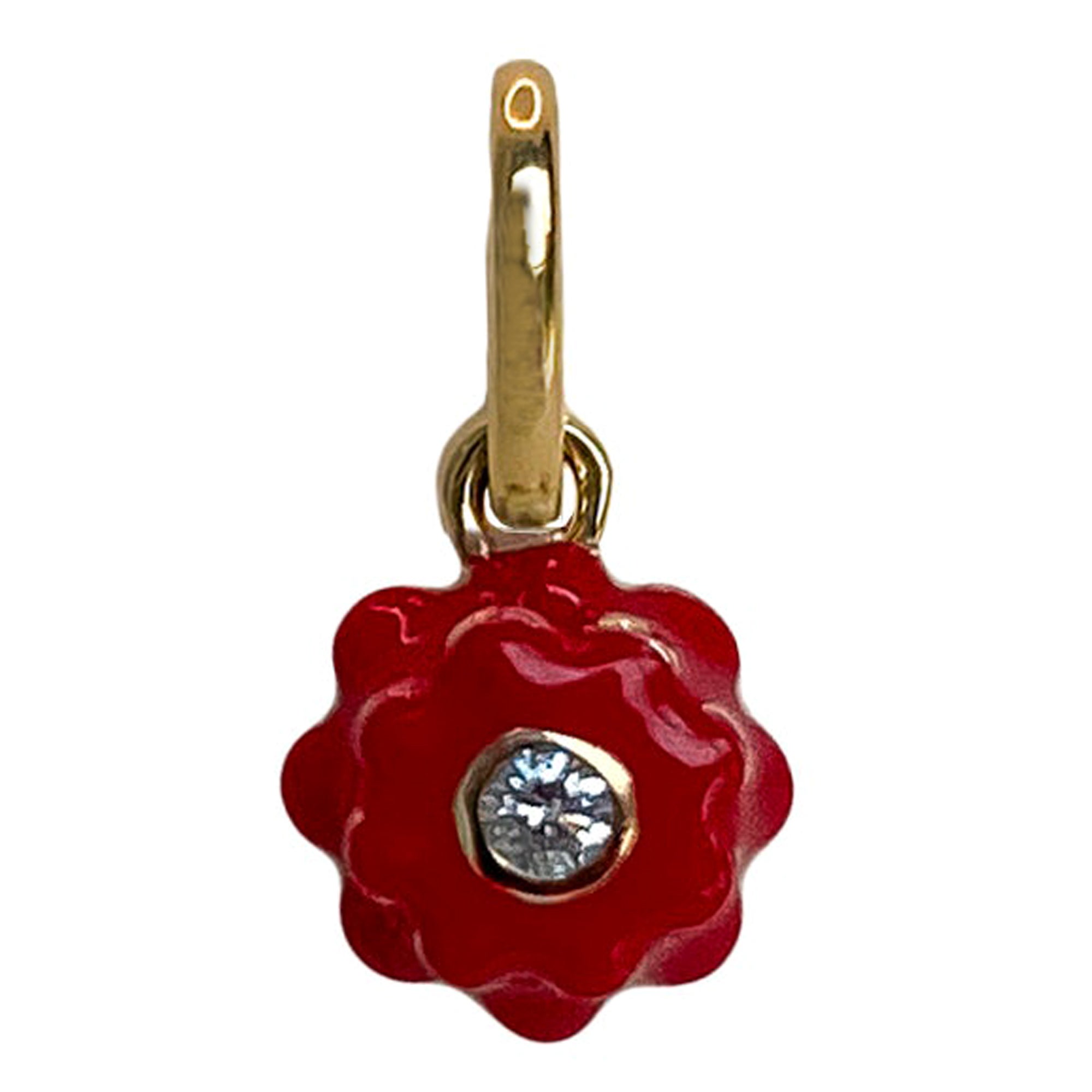 Memento Single Diamond and Red Enamel Flower Charm Pendant MINI For Sale