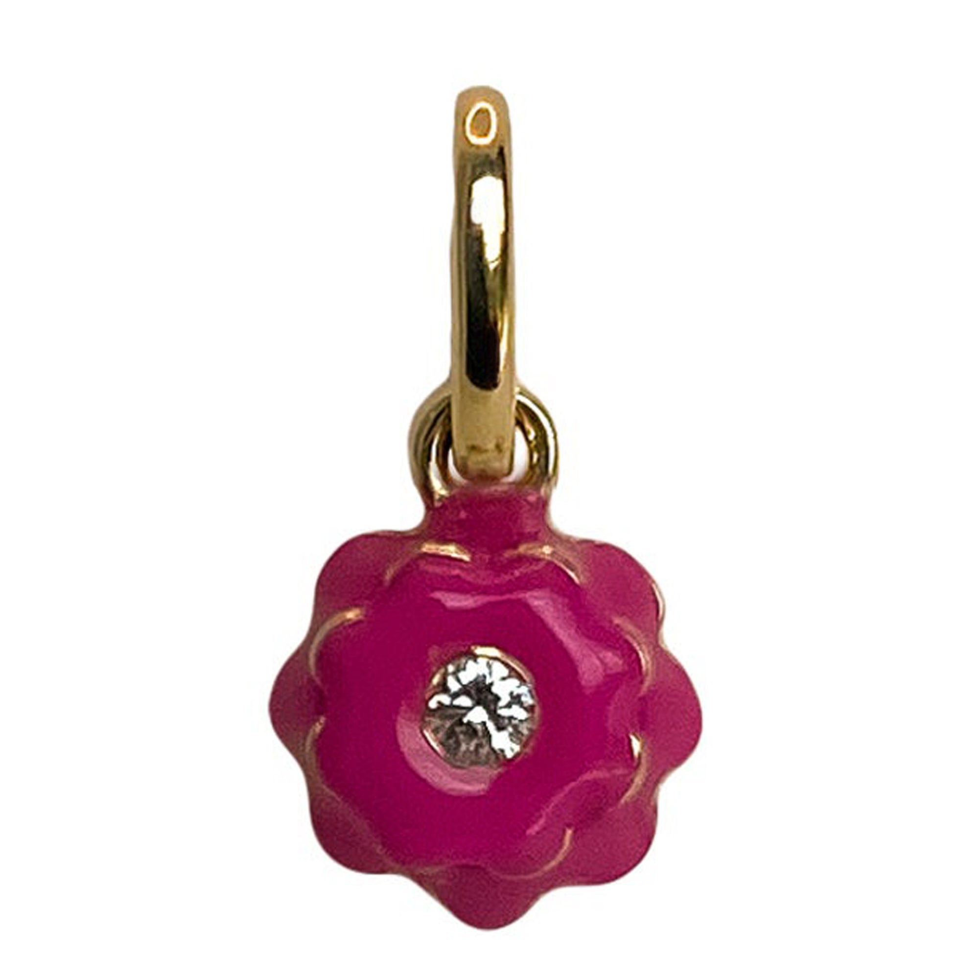 Memento Single Diamond and Pink Enamel Flower Charm Pendant Mini For Sale