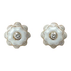 Memento Diamond and White Enamel Flower Earrings Mini