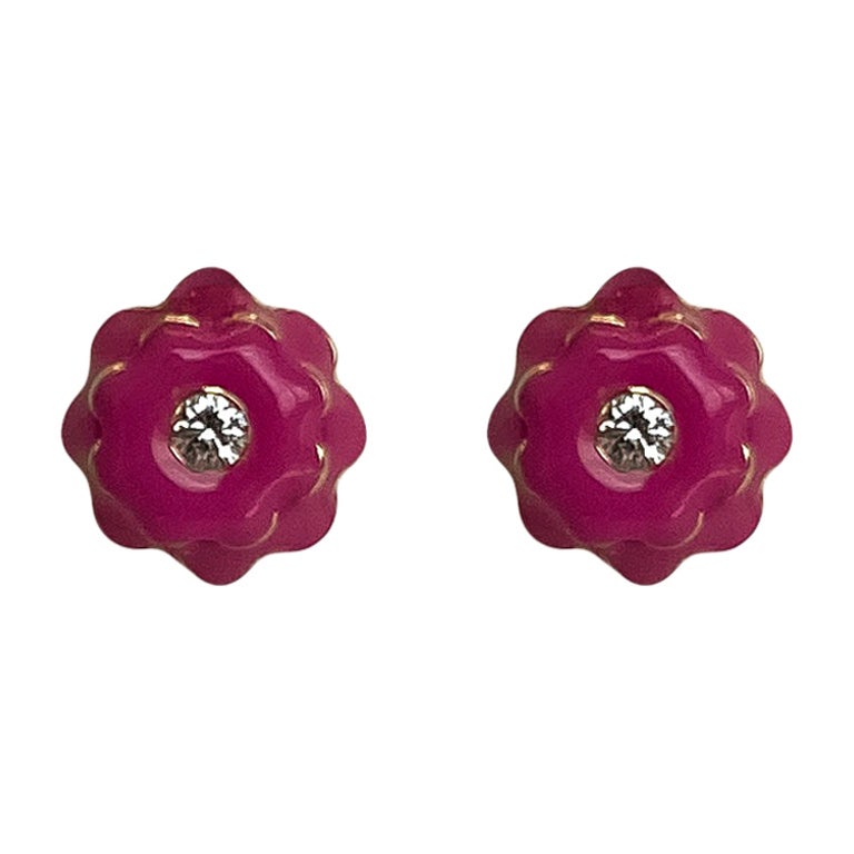 Memento Diamond and Pink Enamel Flower Earrings Mini For Sale