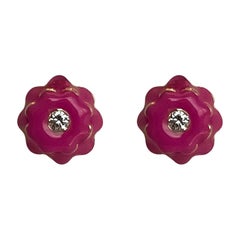 Mini-Ohrringe mit Diamant und rosa Emaille-Blume von Memento