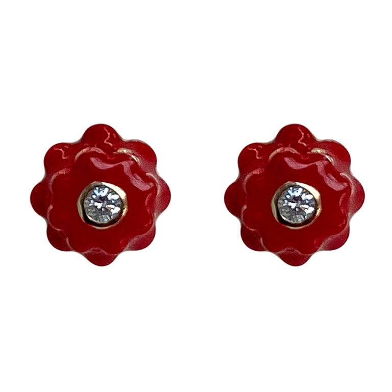 Memento Diamond and Red Enamel Flower Earrings Mini