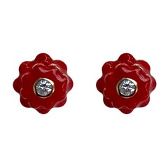 Mini-Ohrringe aus Diamant und roter Emaille mit Blumenmotiv von Memento