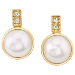 Bezel Set White Round Button Pearl, Diamond Yellow Gold Post Drop Earrings