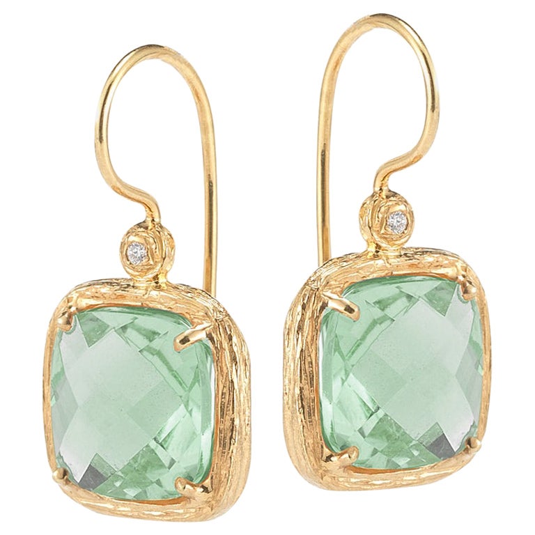 Hand-Crafted 14K Yellow Gold Green Amethyst Color Stone Earrings For Sale