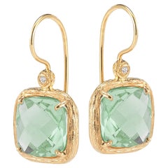 Hand-Crafted 14K Yellow Gold Green Amethyst Color Stone Earrings