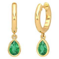 Pear Emerald 14 Karat Gold Huggie Hoop Earrings