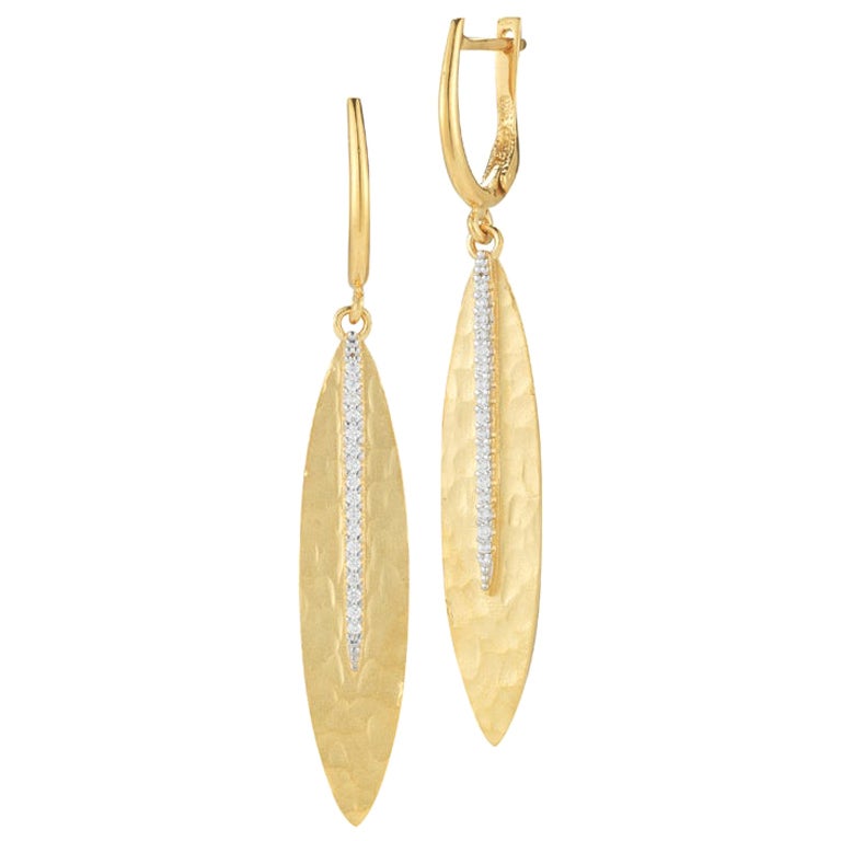 Hand-Crafted 14K Yellow Gold Dangling Leaf Earrings For Sale