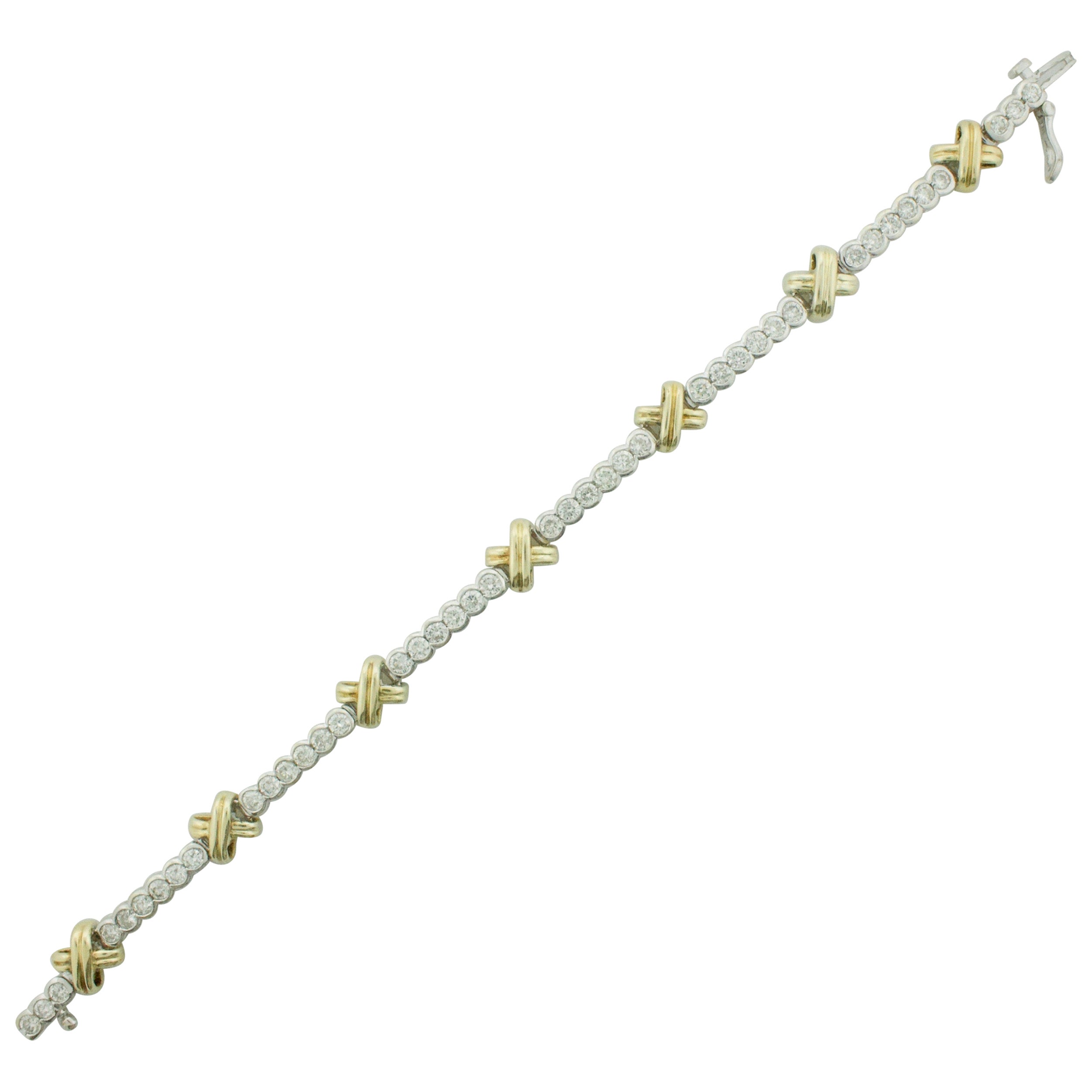 Yellow and White Gold Diamond "X" Tennis Bracelet 3.75 Carats  For Sale