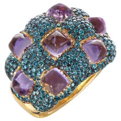 Sugarloaf Cabochon Amethyst and Blue Diamond Yellow Gold Cocktail Ring