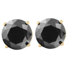 2.4 Carat Total Round Black Diamond Solitaire Stud Earrings in 14 K Yellow Gold