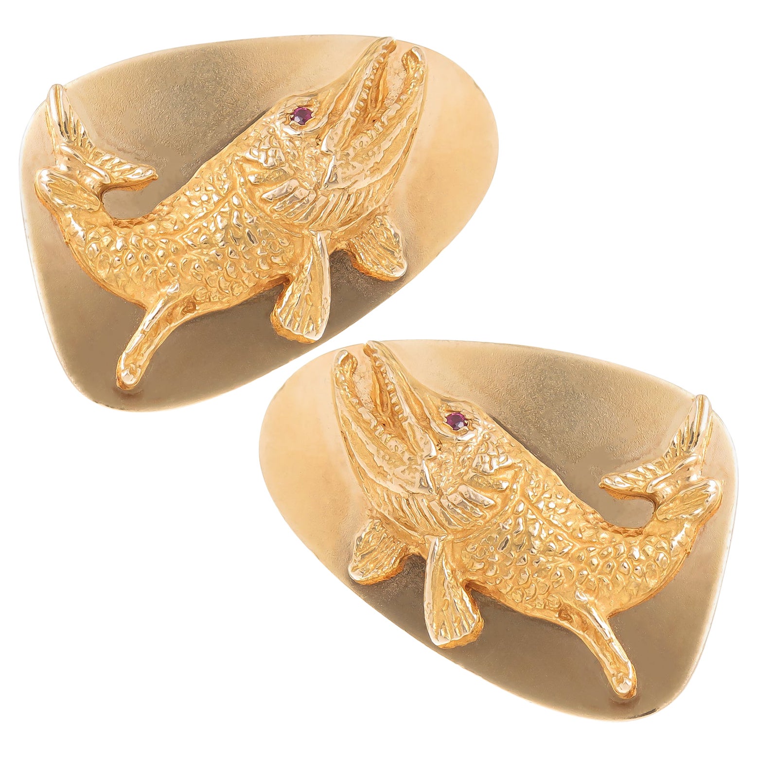 Tiffany & Co. Large Ruby Gold Fish Cuff Links