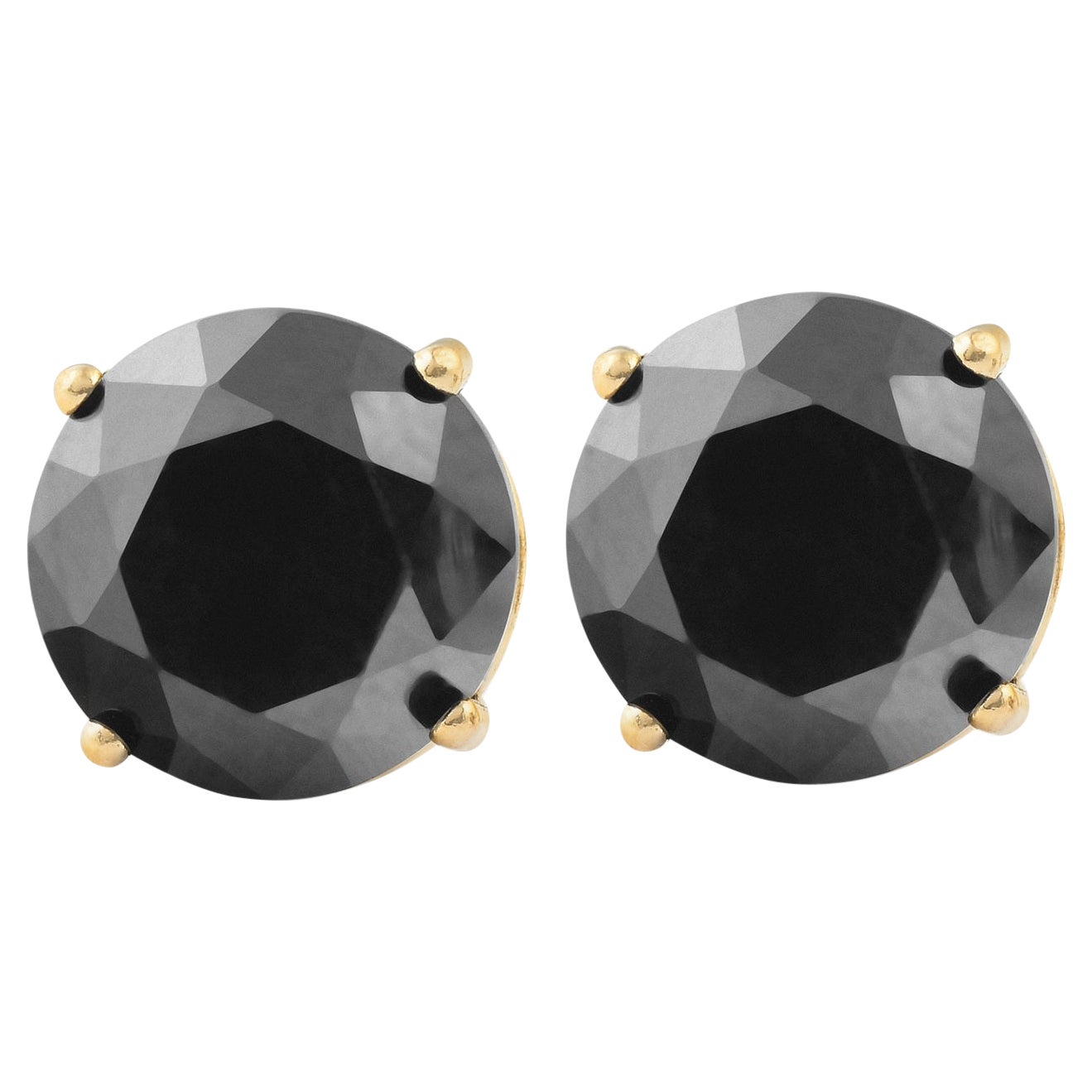 3.7 Carat Total Round Black Diamond Solitaire Stud Earrings in 14 K Yellow Gold