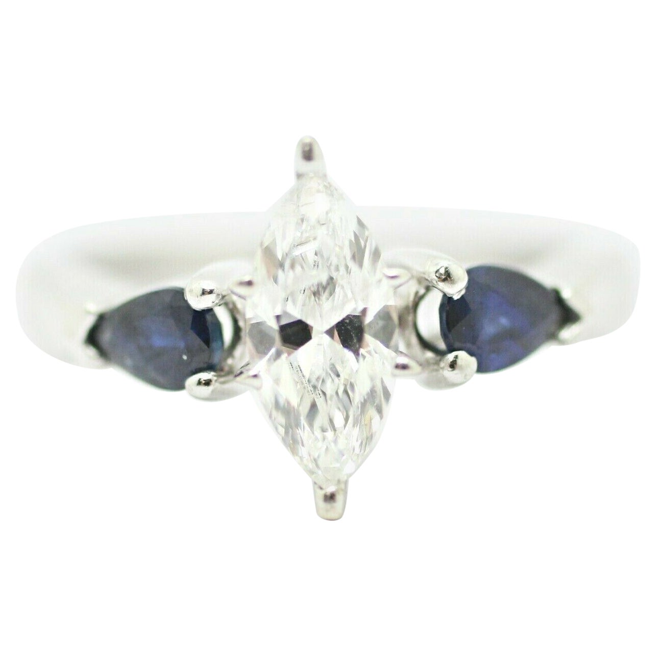 3 Stone 14k White Gold Marquise Cut Diamond with Blue Sapphire Sides