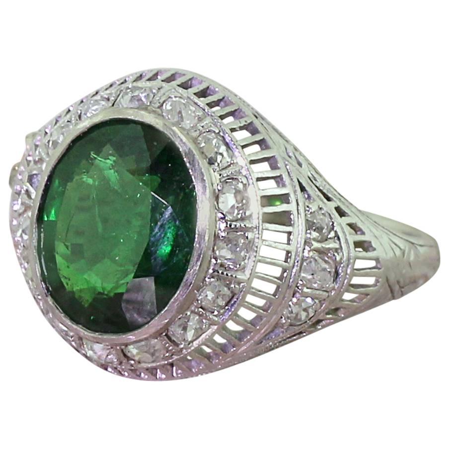 Art Deco 3.25 Carat Tsavorite Old Cut Diamond Platinum Ring For Sale