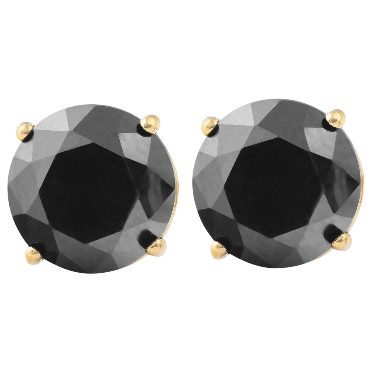 3.84 Carat Total Round Black Diamond Solitaire Stud Earrings in 14 K Yellow Gold