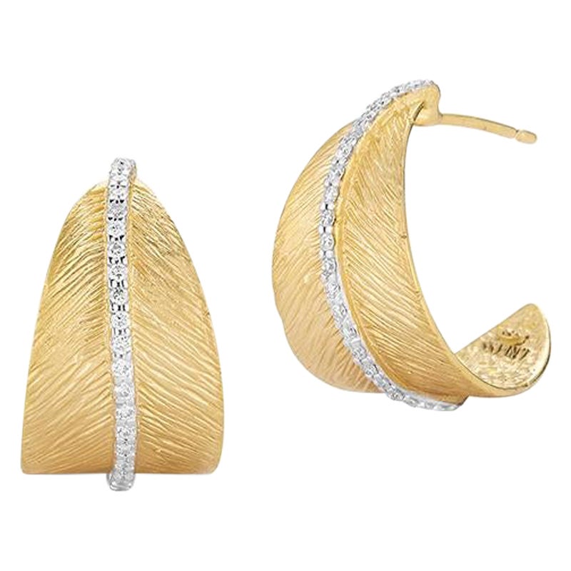 Hand-Crafted 14K Yellow Gold Feather Huggies Earrings For Sale