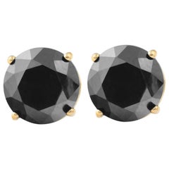 6.69 Carat Total Round Black Diamond Solitaire Stud Earrings in 14 K Yellow Gold