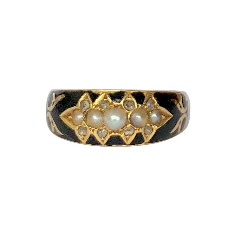 Edwardian Black Enamel, Diamond and Pearl 9 Carat Gold Mourning Ring